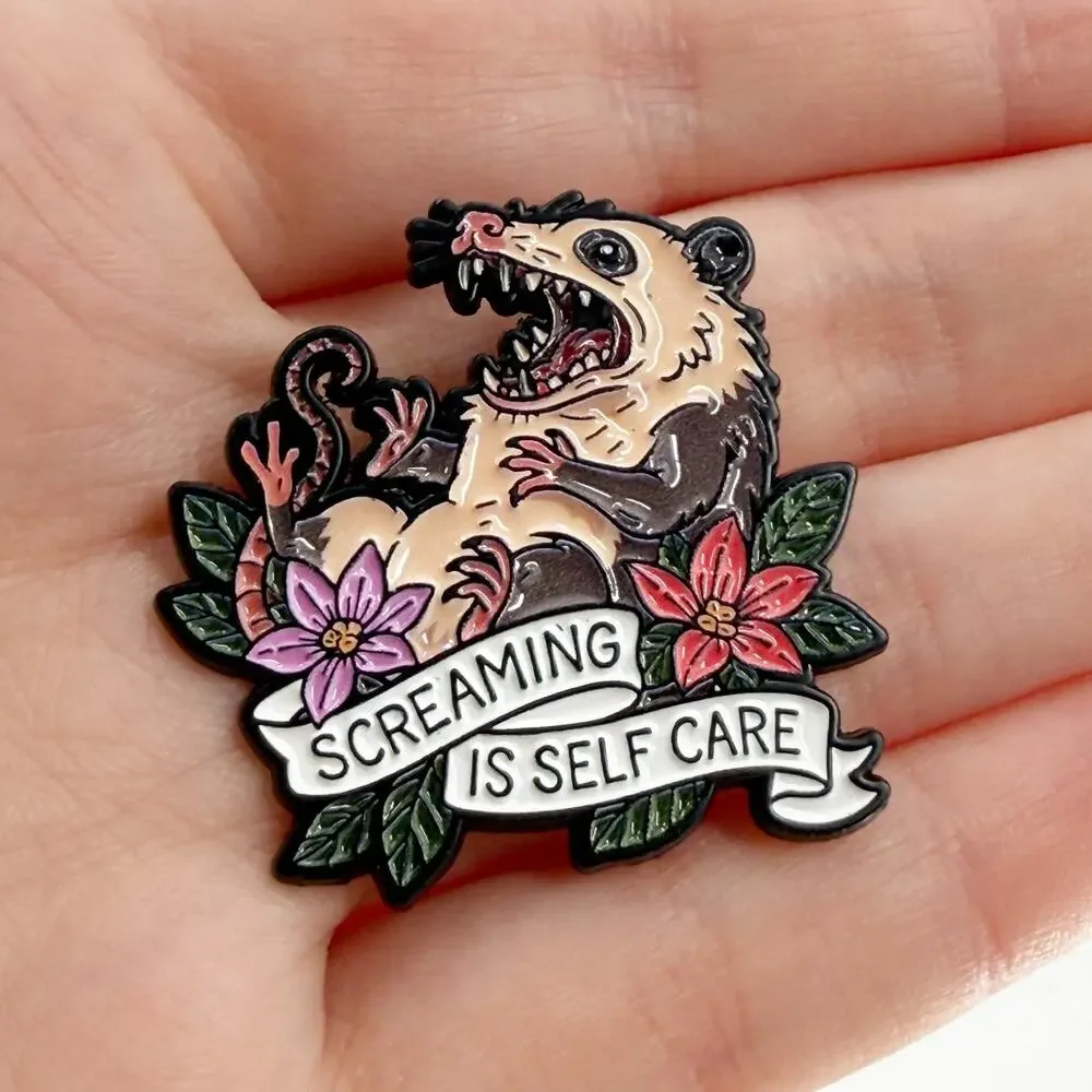 Screaming Is Self Care Possum Soft Enamel Pin Funny Goth Meme Lapel Badge